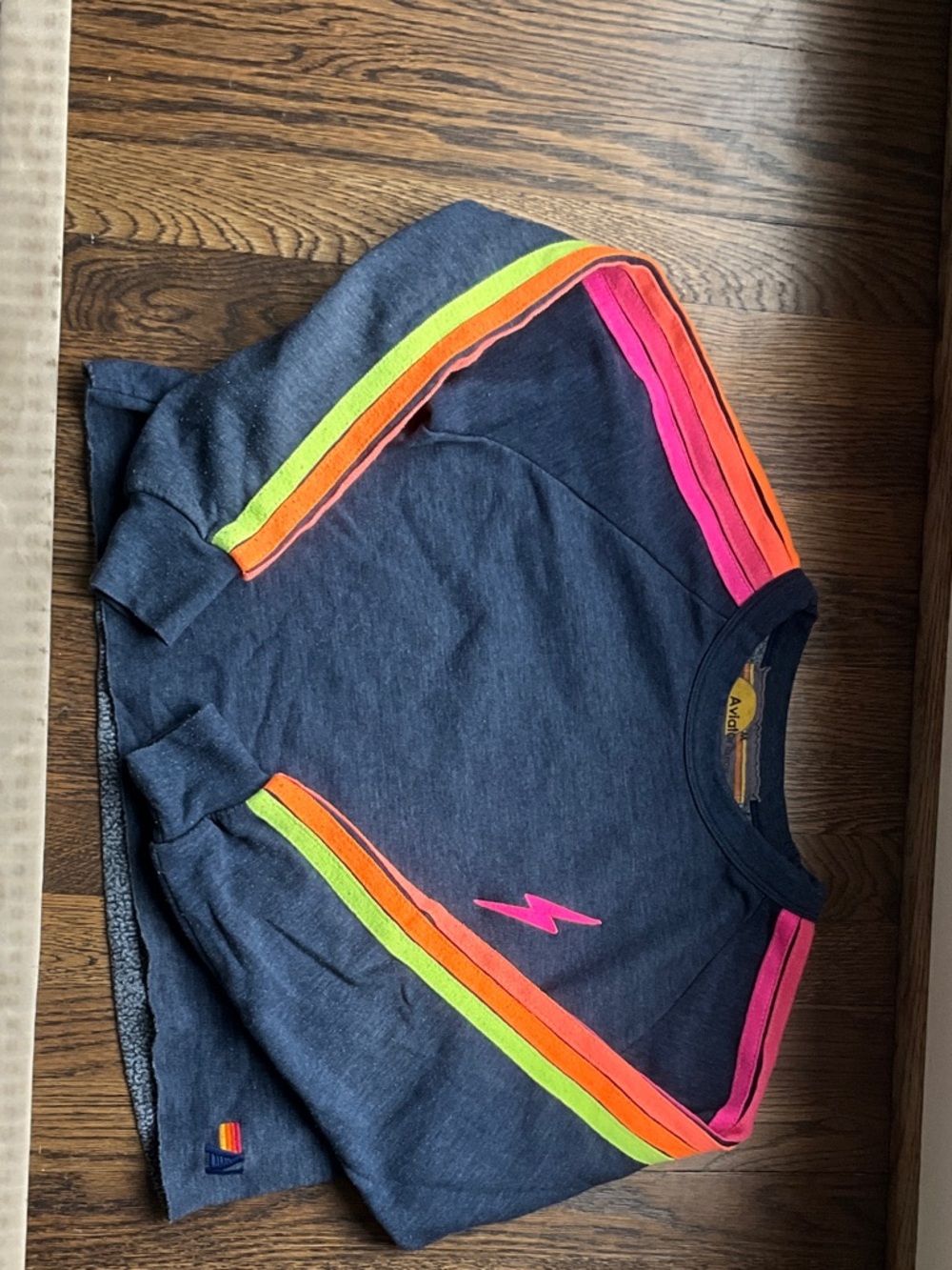 Aviator Nation Navy Sweatshirt with Neon Pink, Orange & Lime Stripes